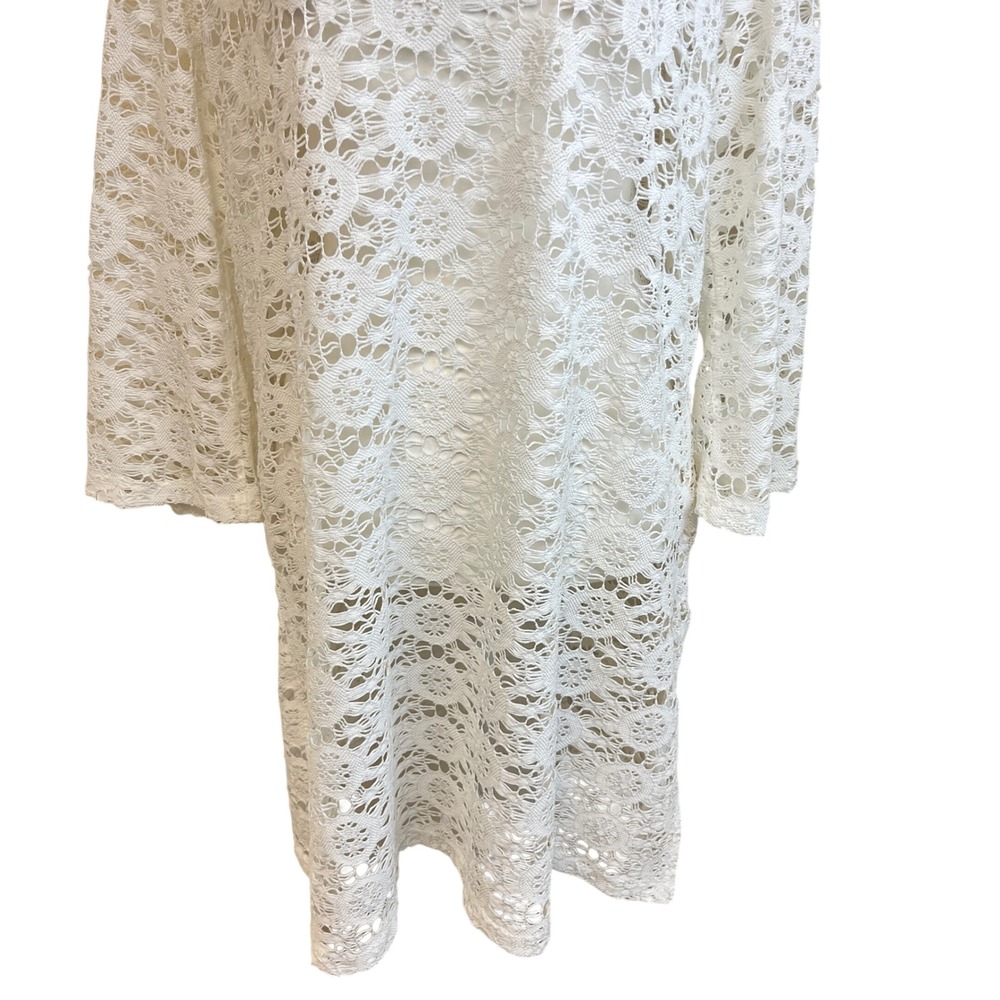 J VALDI Sheer White Lace V Neck 3/4 Sleeve Tunic Cover Up Dress L Swim‎ Vacation - Picture 4 of 12
